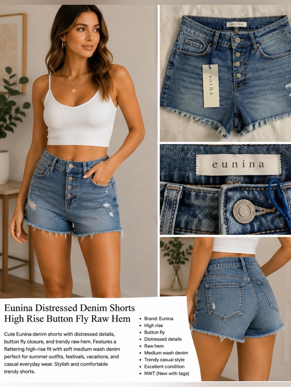 Eunina Distressed Denim Shorts High Rise Button Fly Raw Hem